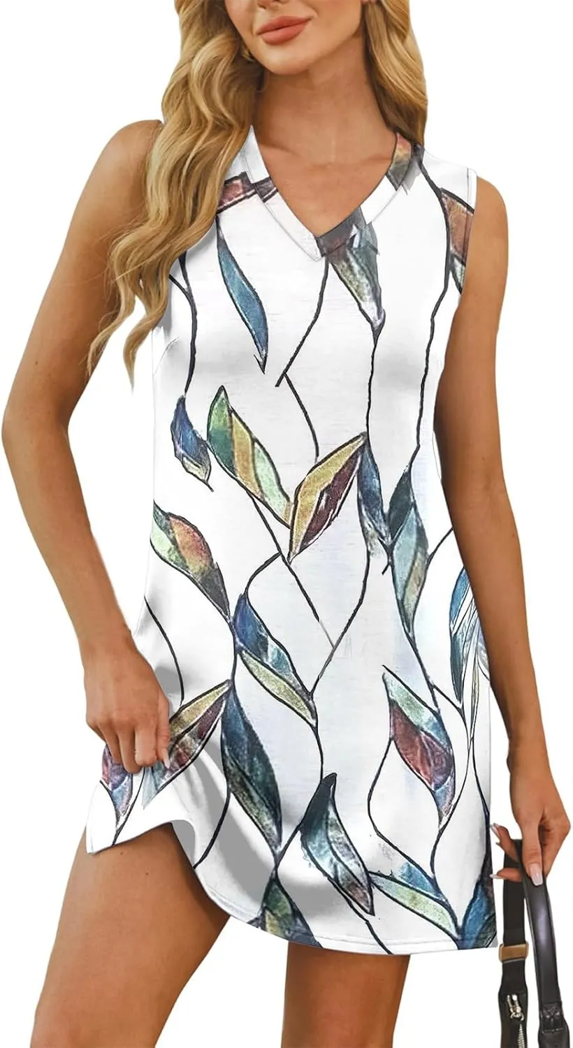 Women's Bohemian Sleeveless V-Neck Floral Print Summer Dress Casual Loose Fit Beach Sundress with Pockets