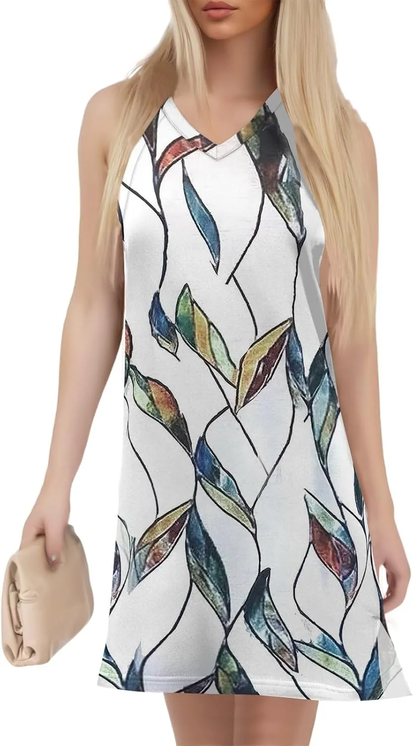 Women's Bohemian Sleeveless V-Neck Floral Print Summer Dress Casual Loose Fit Beach Sundress with Pockets