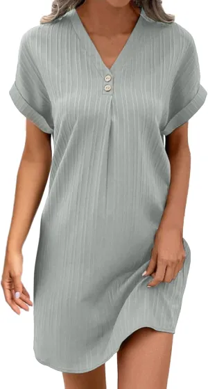 Womens Cotton Shirt Dress Summer Casual Short Sleeve Button Down Beach Cover Up Shirts Tunic Dresses with Pockets
