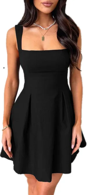 Womens Mini Party Dress Sleeveless Backless Bow Tie Square Neck Short Dress