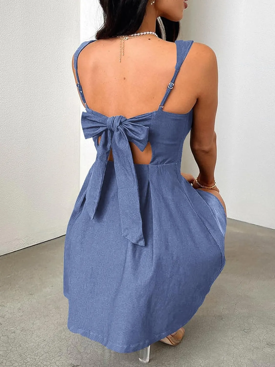 Womens Mini Party Dress Sleeveless Backless Bow Tie Square Neck Short Dress