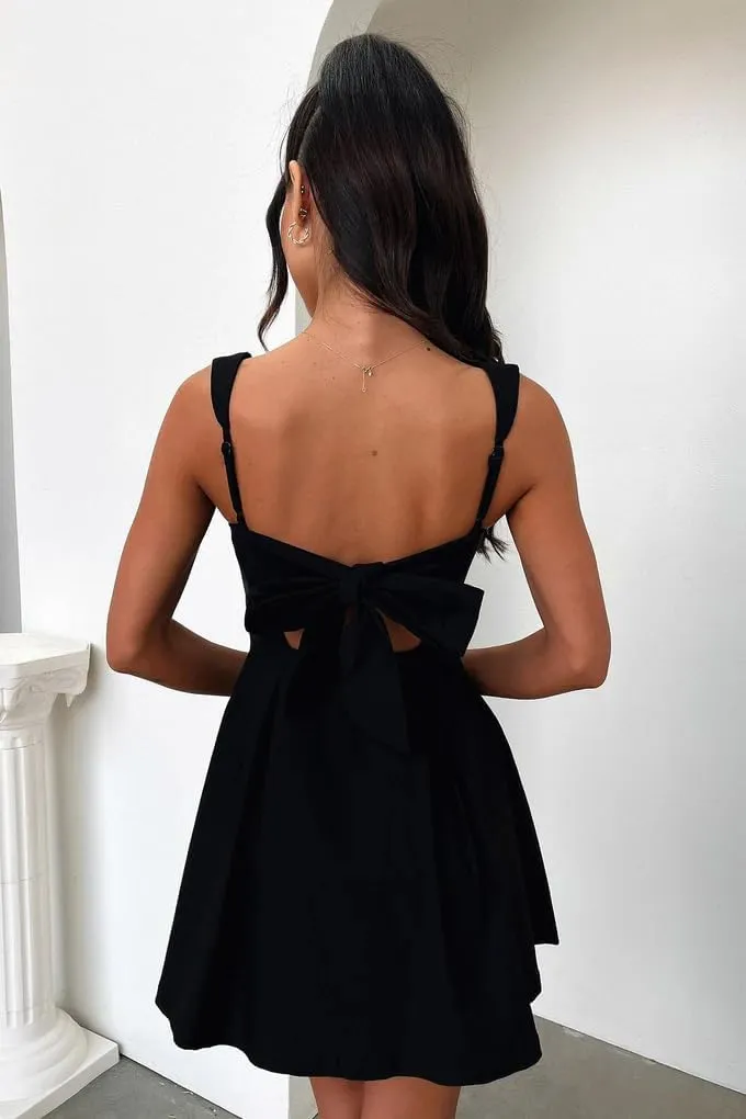 Womens Mini Party Dress Sleeveless Backless Bow Tie Square Neck Short Dress