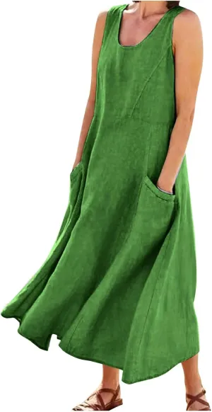 Women's Summer Casual Loose Maxi Dress 2024 Solid Color Sleeveless Round Neck Linen Dresses with Pockets, S-5XL