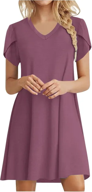 Women's Summer V Neck Mini Dresses 2025 Casual Petal Short Sleeve Flowy Dress Trendy Loose Beach Holiday Dress
