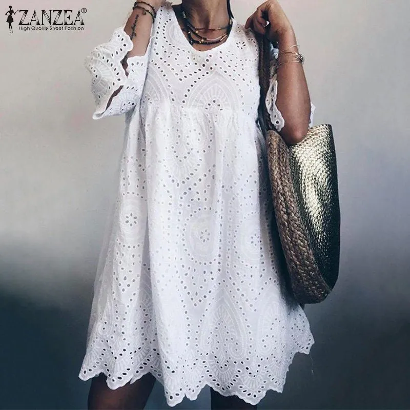 ZANZEA Comfy Cotton Eyelet Flare Sleeve Beach Cruise Befree Dress