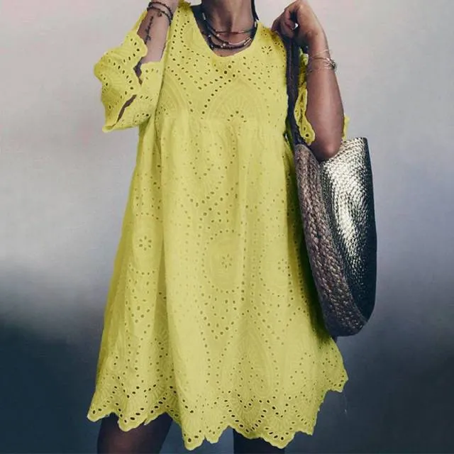 ZANZEA Comfy Cotton Eyelet Flare Sleeve Beach Cruise Befree Dress