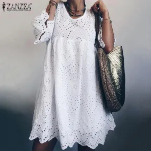 ZANZEA Comfy Cotton Eyelet Flare Sleeve Beach Cruise Befree Dress